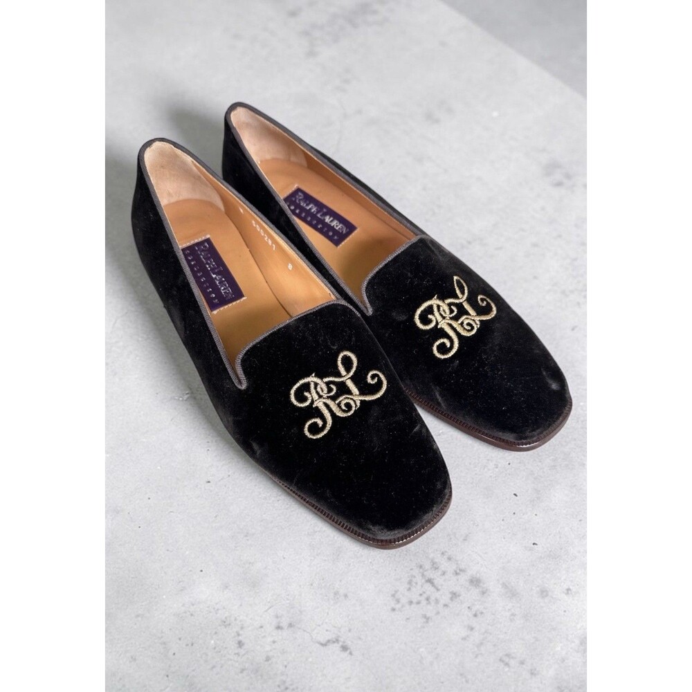 Ralph Lauren Collection Purple Label Velvet Soaking Loafers Embroidered 8 Italy